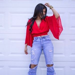 Red Wide Sleeve Crop Woven Top